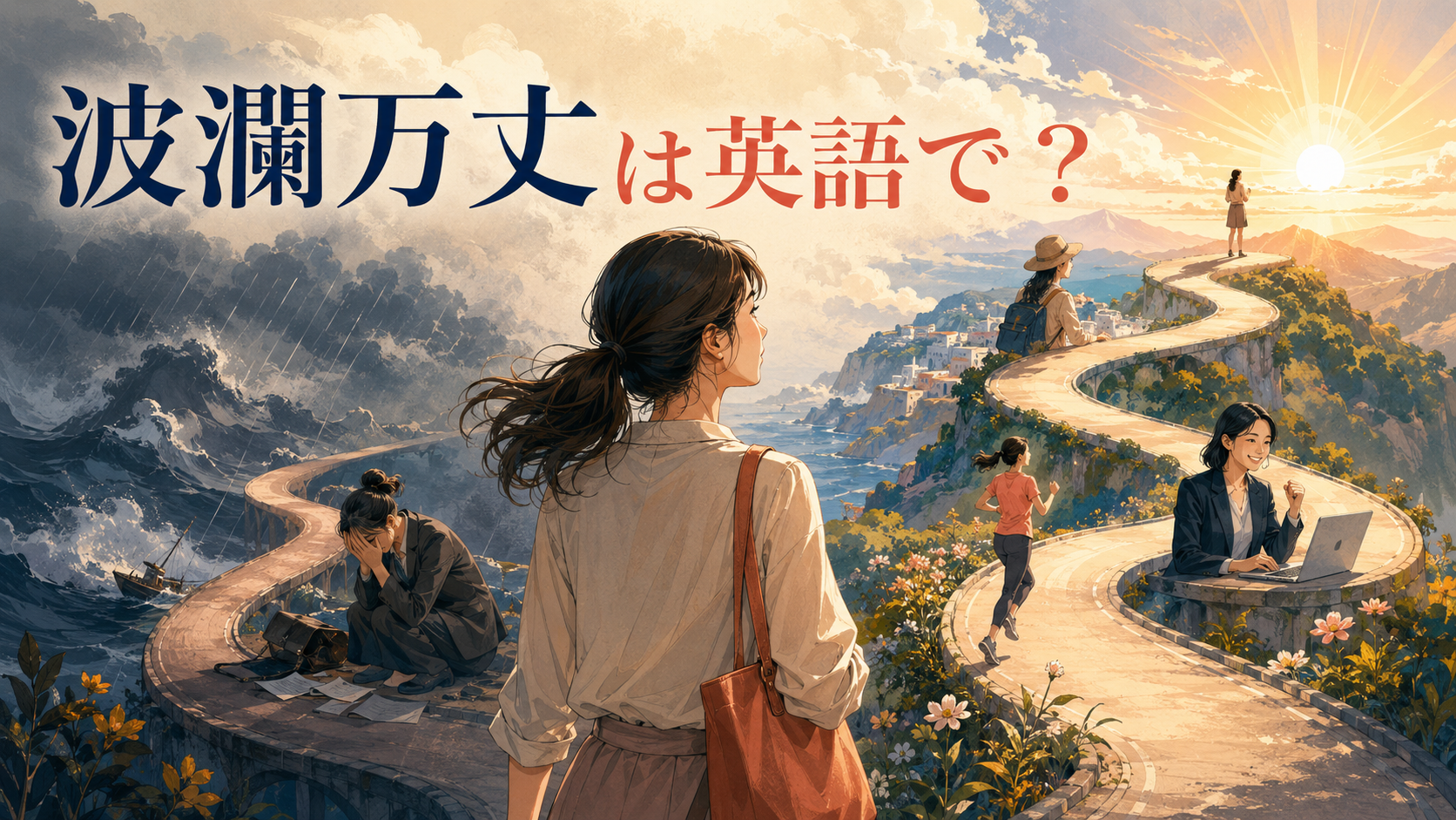 波瀾万丈の人生を表す、嵐と成功を越えて進む女性のイラスト