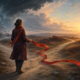 怒りを示す赤いリボンを道しるべに歩き出す架空の女性のイラスト