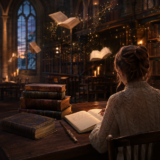 魔法学校の図書館で英語を学ぶ女性のイメージ