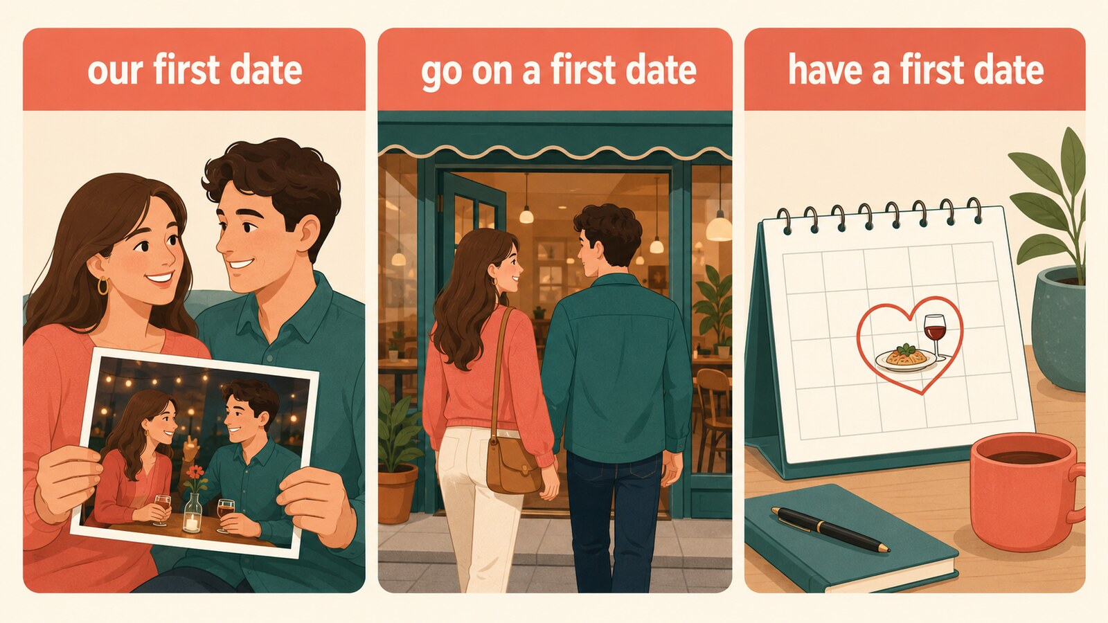 our first date・go on a first date・have a first dateの違いを示すイラスト