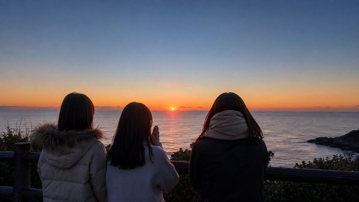 海から昇る初日の出を見ながら新年の願いを込める人々