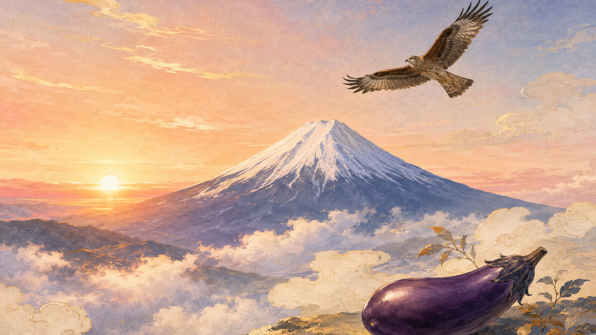 初夢で縁起が良いとされる富士山・鷹・茄子のイラスト