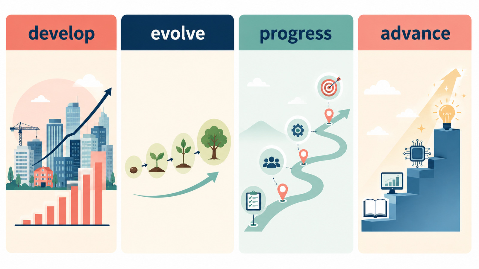 develop・evolve・progress・advanceで「発展する」の違いを表したイラスト