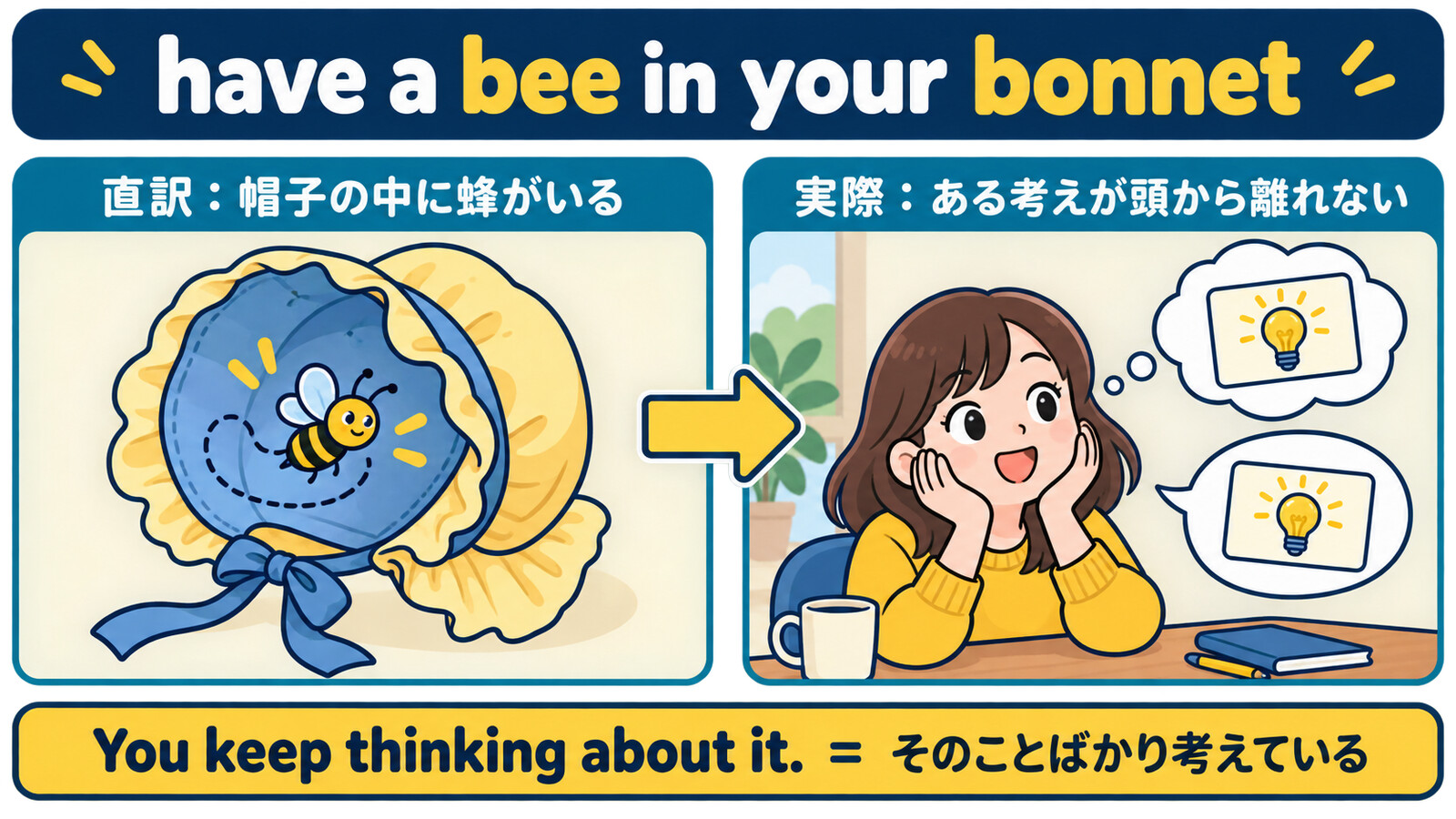 have a bee in your bonnetの直訳「帽子の中に蜂がいる」と実際の意味「ある考えが頭から離れない」の比較