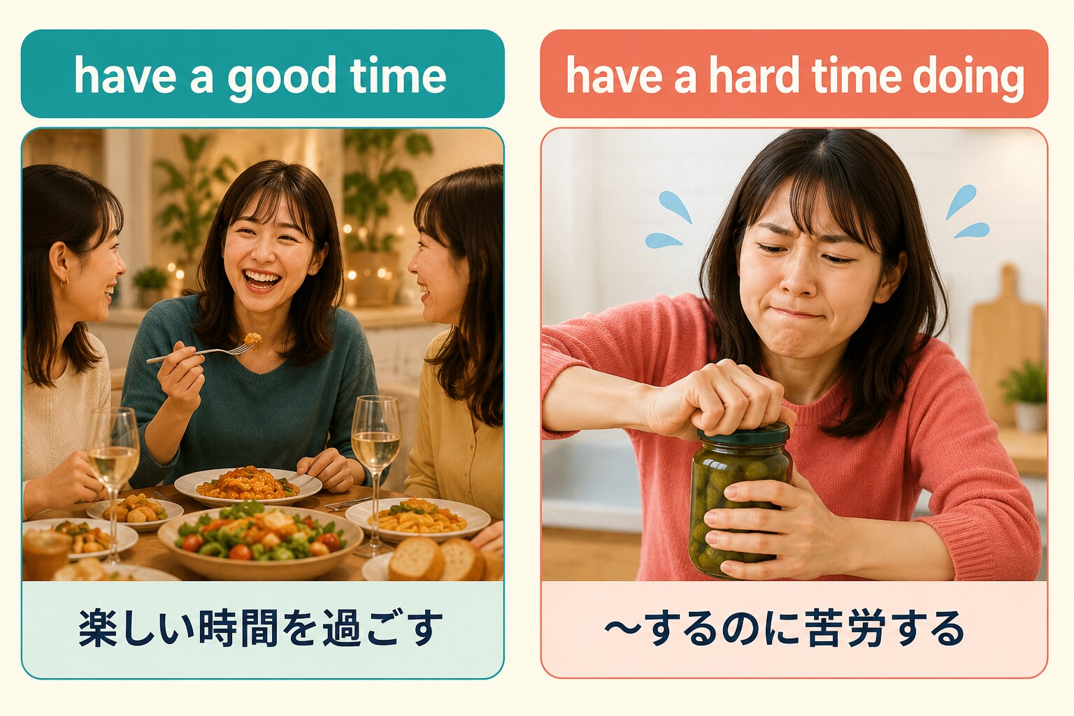 have a good timeとhave a hard time doingの意味を場面で比較する図