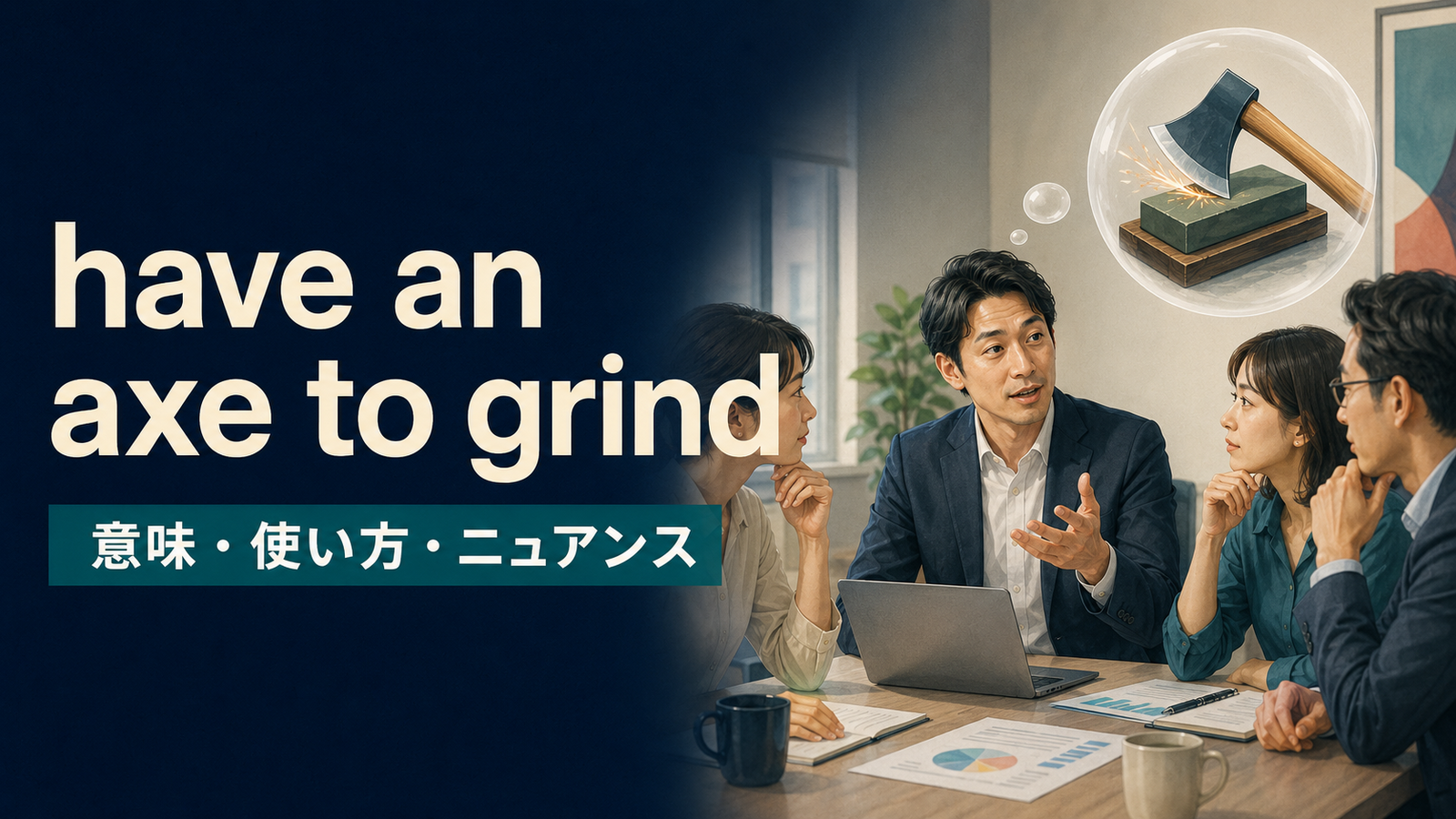 have an axe to grindの意味・使い方・ニュアンスを示すアイキャッチ画像