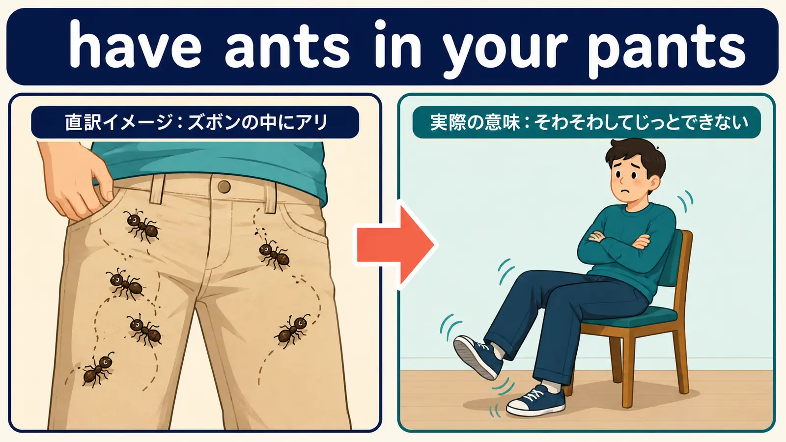 have ants in your pantsの直訳イメージと実際のニュアンスの比較図