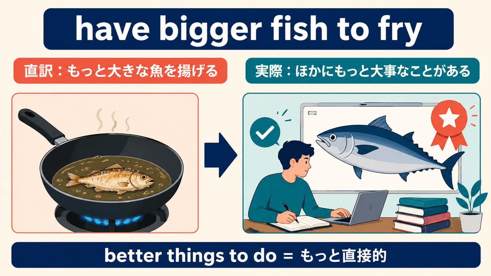 have bigger fish to fryの直訳「もっと大きな魚を揚げる」から「ほかにもっと大事なことがある」への意味のつながり