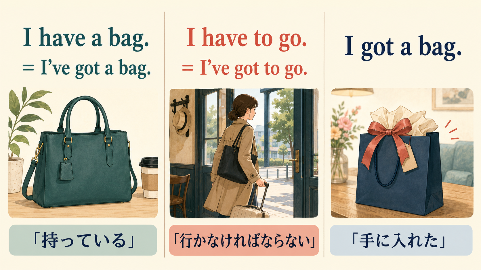 I have a bag、I've got a bag、I've got to go、I got a bagの意味の違いを比較した図解