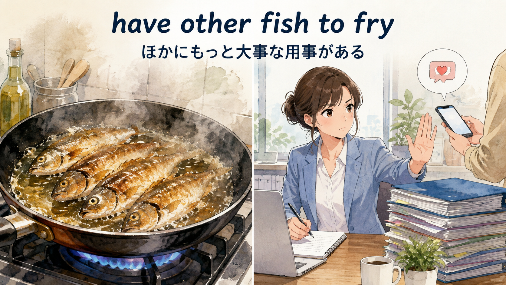 have other fish to fryの直訳と実際の意味を比較する解説イラスト