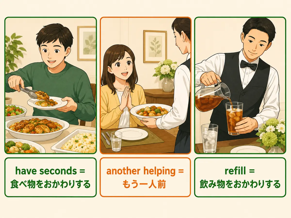 have secondsは食べ物をおかわりする、another helpingはもう一人前、refillは飲み物をおかわりするという違い
