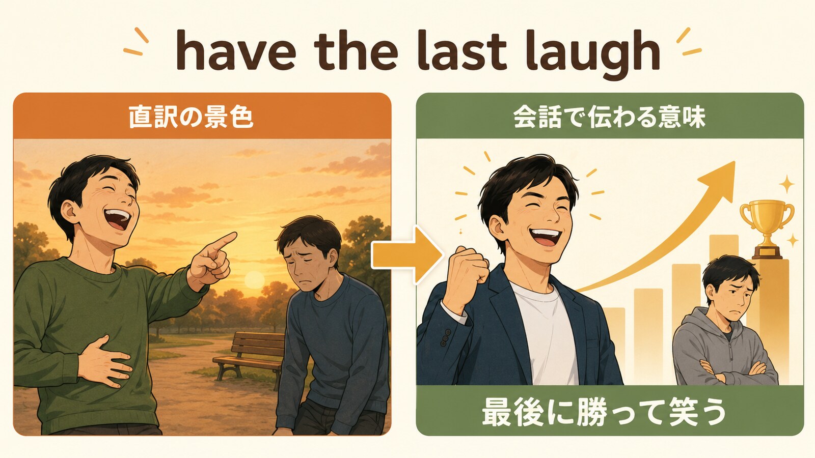 have the last laughの直訳と会話での意味を比較するイラスト