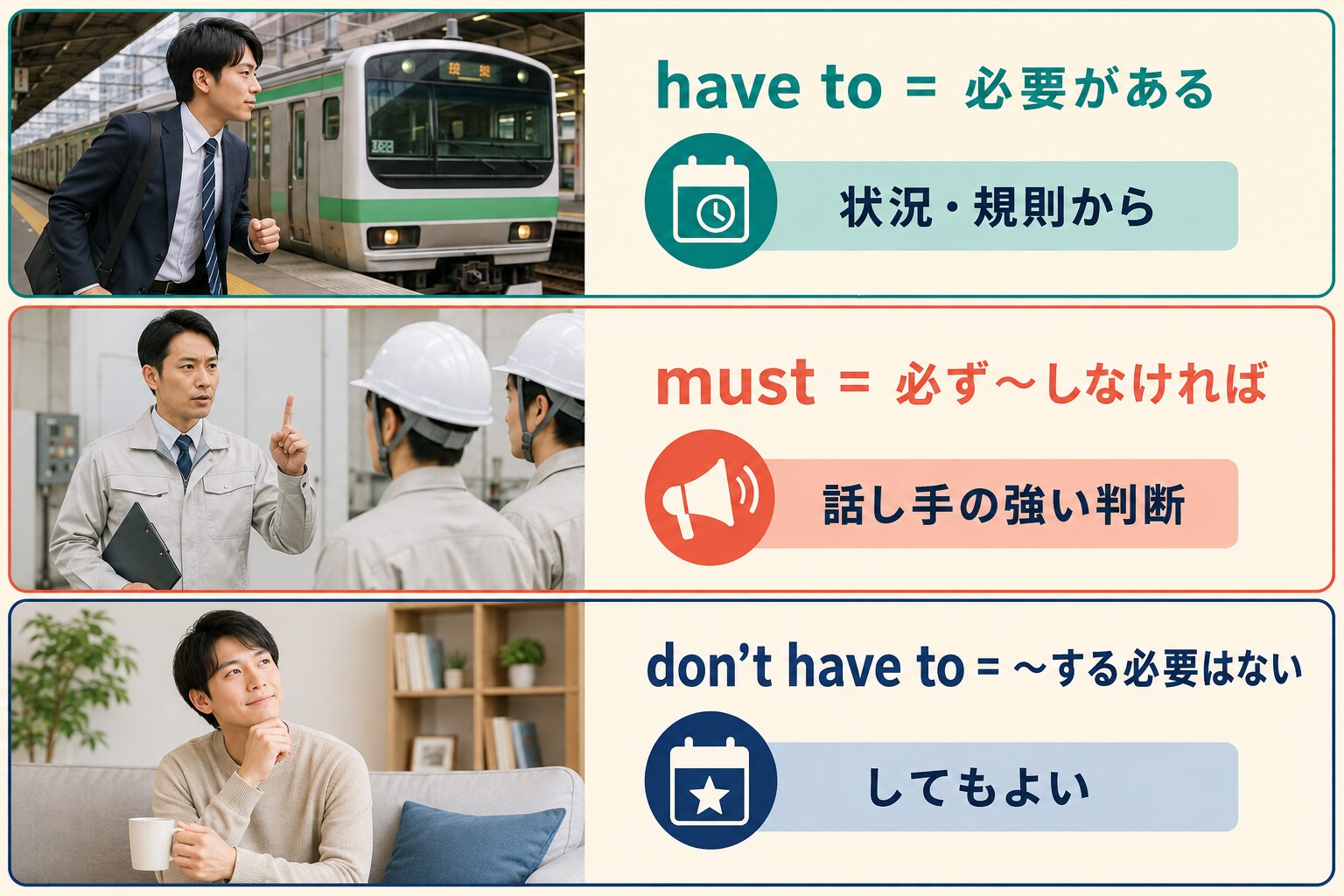 have to、must、don't have toの意味とニュアンスを比較する図