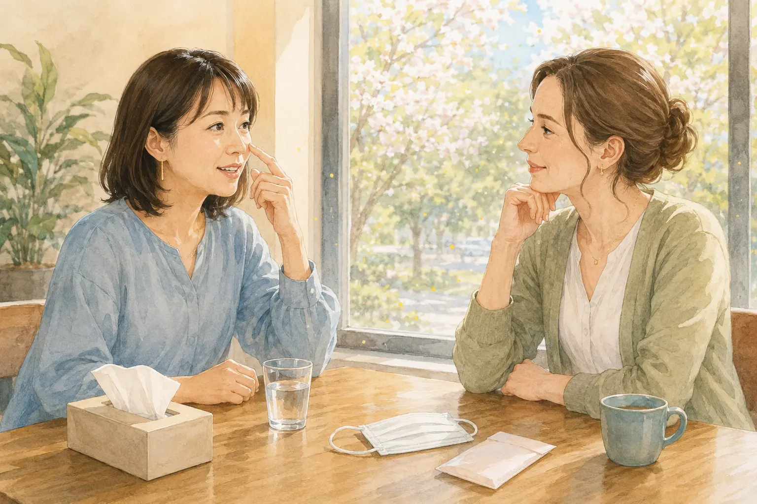 花粉症の症状について英語で会話する大人の女性たち