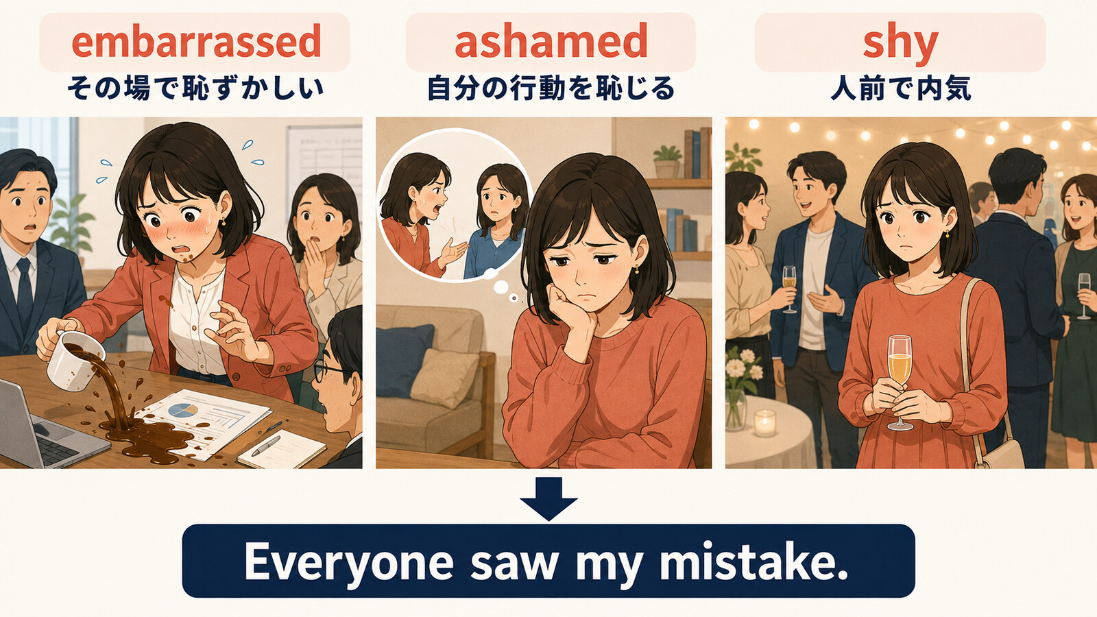 embarrassed・ashamed・shyの意味の違いと簡単な英語での言い換え