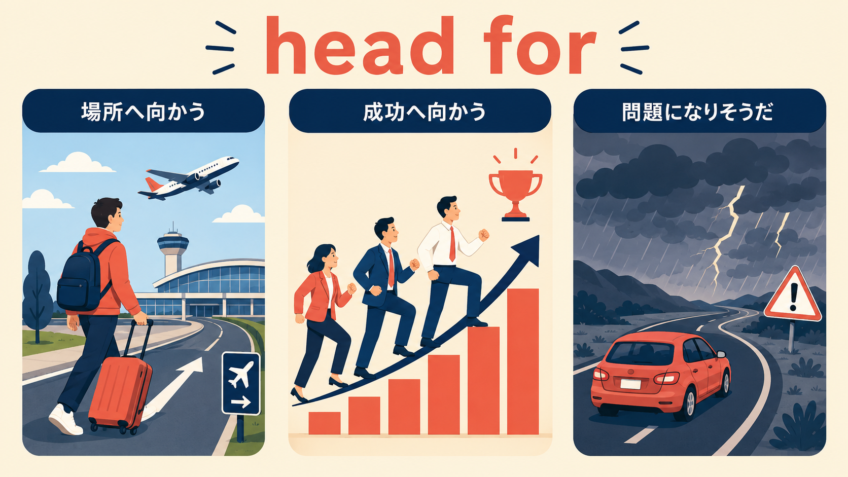 head forの物理的・比喩的な3つの使い方を示す解説イラスト