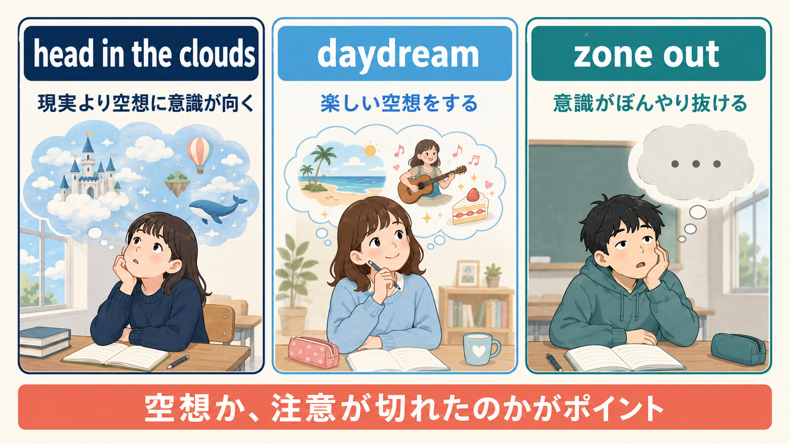 head in the cloudsとdaydreamとzone outのニュアンスの違いを比較した図解