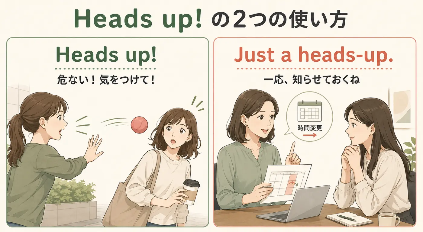 Heads upの「危ない・気をつけて」とJust a heads-upの「一応知らせておくね」の違い