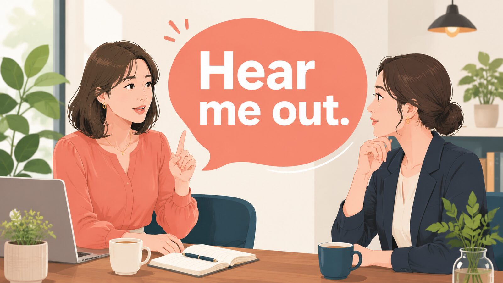 Hear me out.と相手に最後まで話を聞いてほしい女性のイラスト