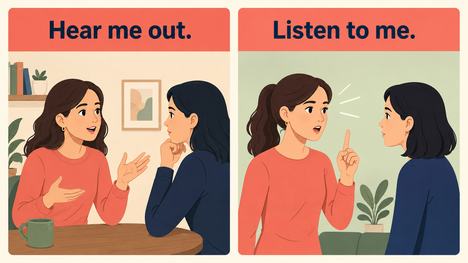 Hear me out.とListen to me.のニュアンスの違いを比較するイラスト
