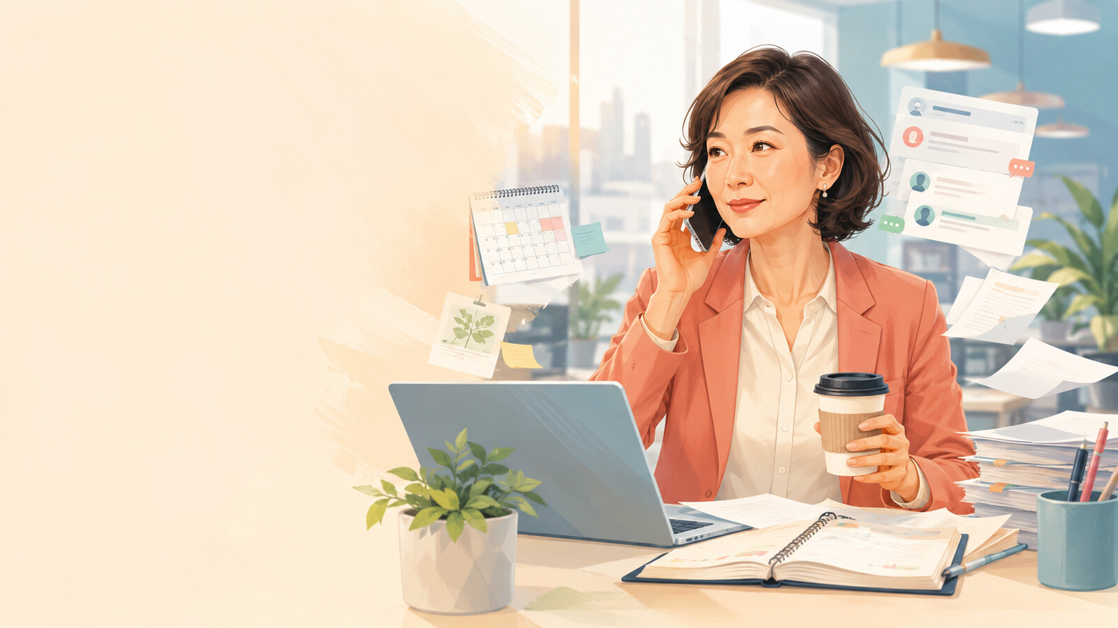 hecticな仕事の日に複数の業務をこなす女性のイラスト