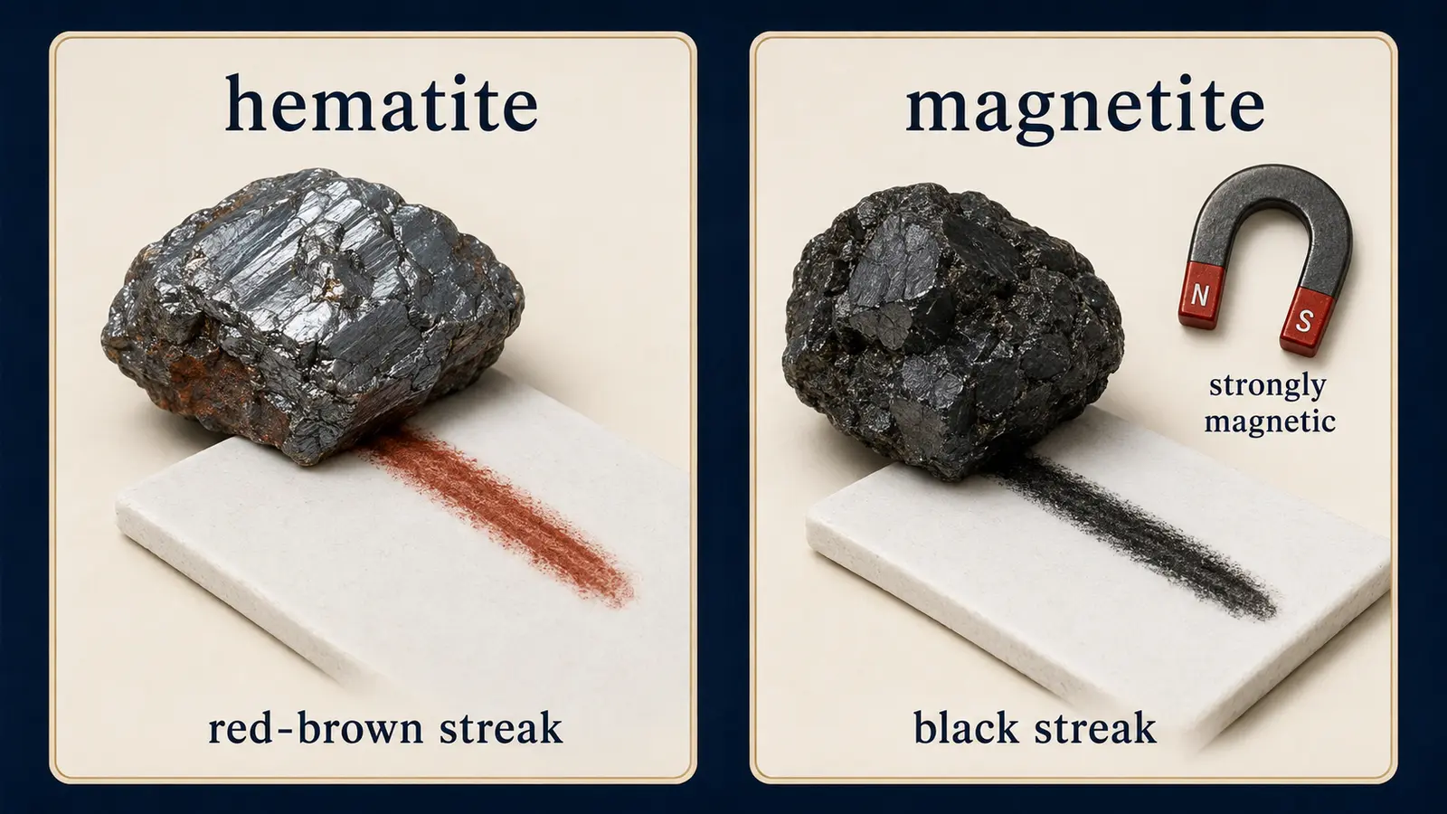 hematiteのred-brown streakとmagnetiteのblack streakおよび磁性を比較した解説図