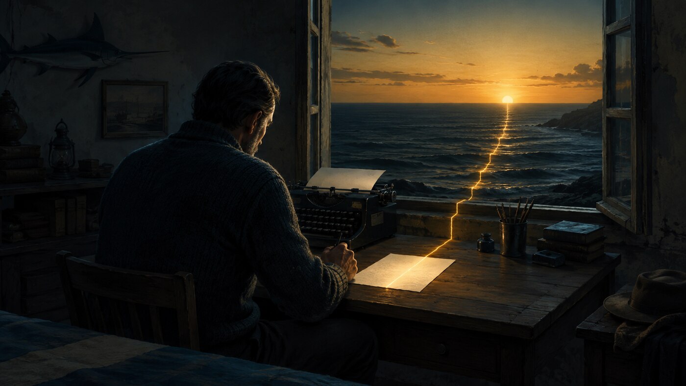 夜明けの海を前に一文を書こうとする作家とタイプライターのイラスト