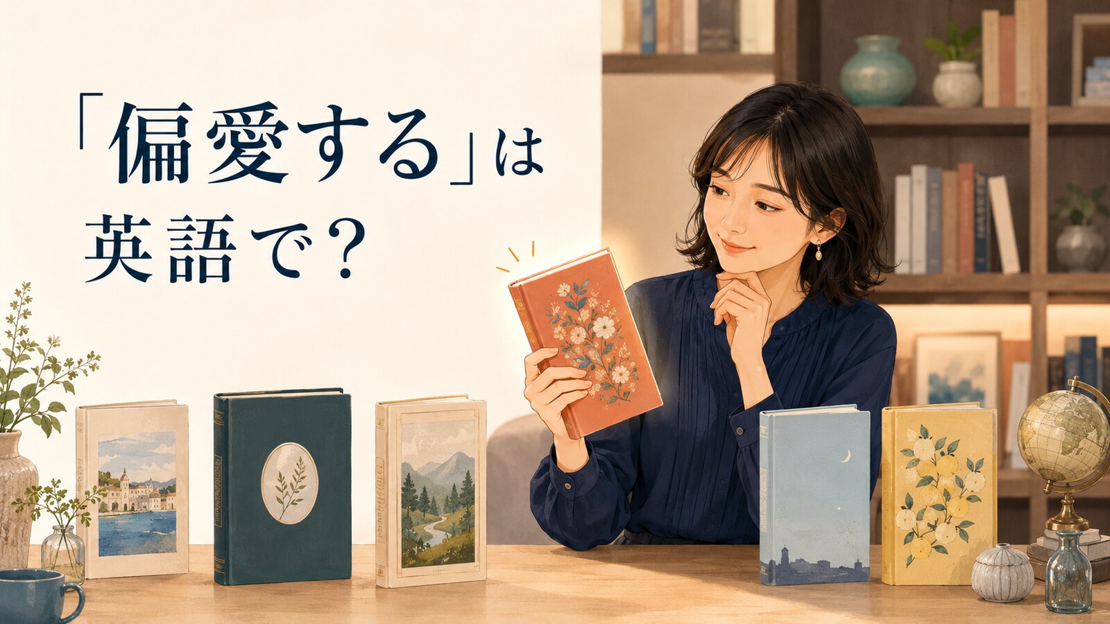 たくさんの本から特に好きな一冊を選ぶ女性。「偏愛する」は英語で？