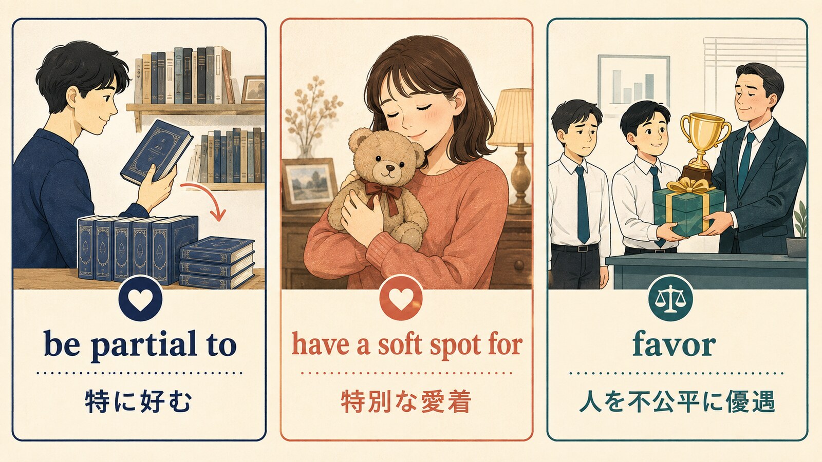 be partial to、have a soft spot for、favorの違いを示す図解