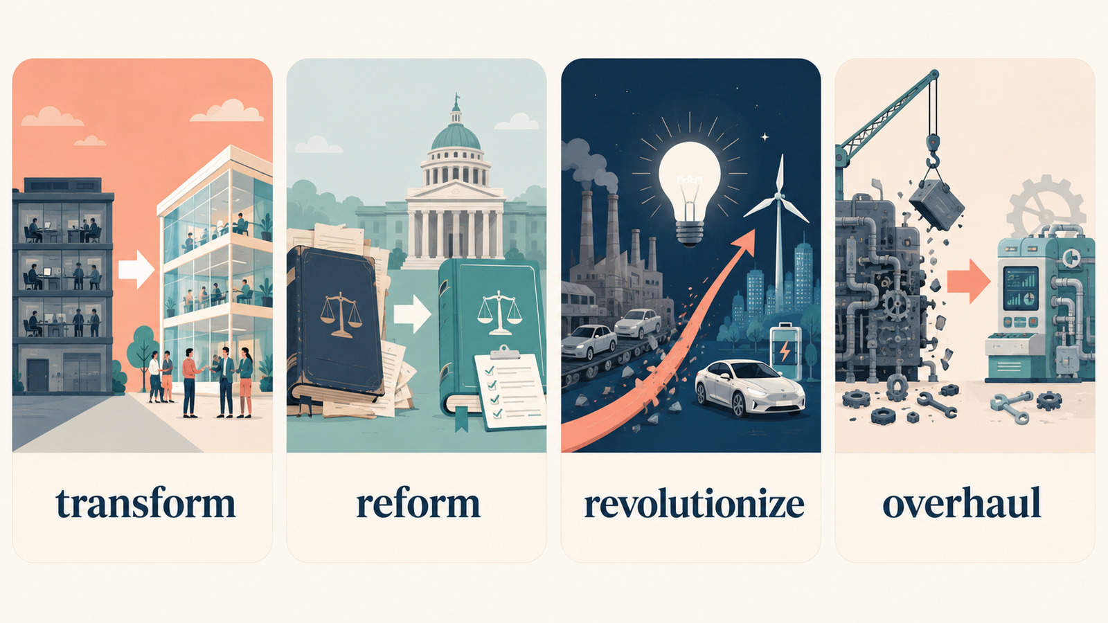 transform・reform・revolutionize・overhaulで「変革する」の違いを表したイラスト
