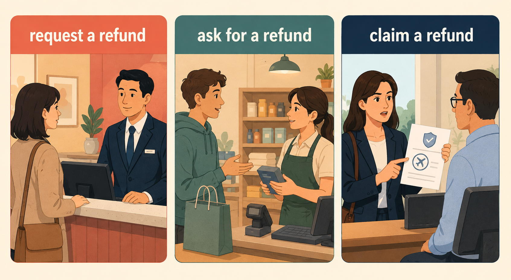 request a refund・ask for a refund・claim a refundの使い分け比較図