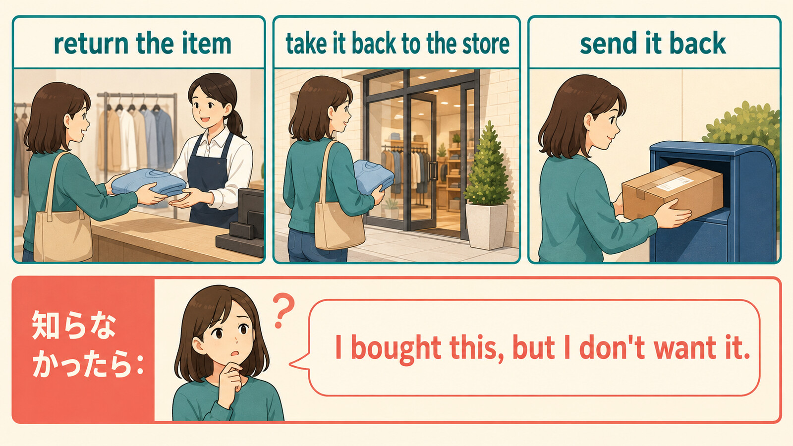return the item、take it back to the store、send it backの違いと簡単な言い換え