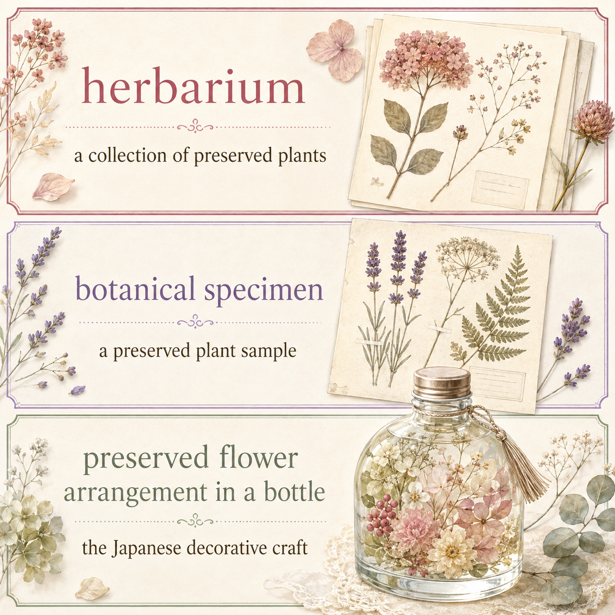 herbarium、botanical specimen、preserved flower arrangement in a bottleの比較