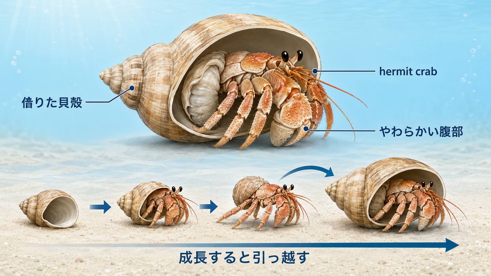 ヤドカリのやわらかい腹部と借りた貝殻、成長に伴う引っ越しを示す図