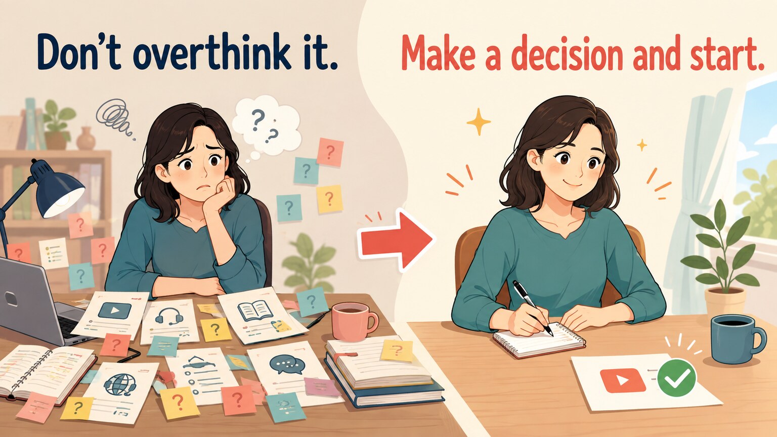 Don't overthink it. と Make a decision and start. を解説するイラスト