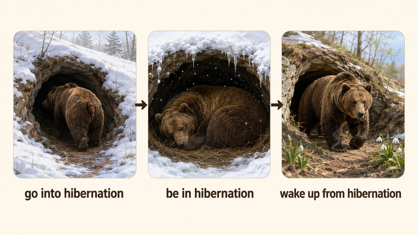 go into hibernation、be in hibernation、wake up from hibernationをクマの動きで示した図解
