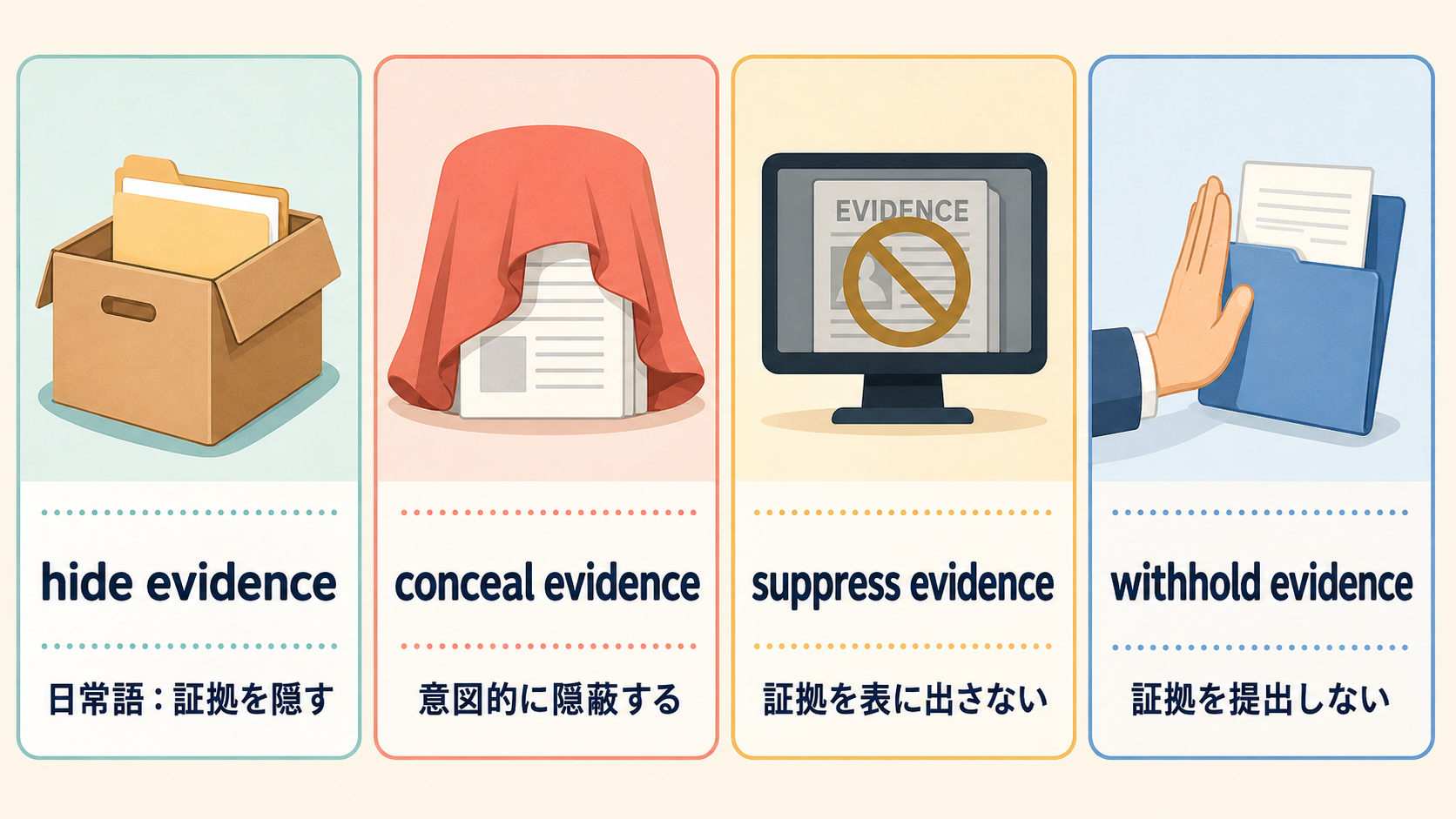 hide evidence、conceal evidence、suppress evidence、withhold evidenceの違い