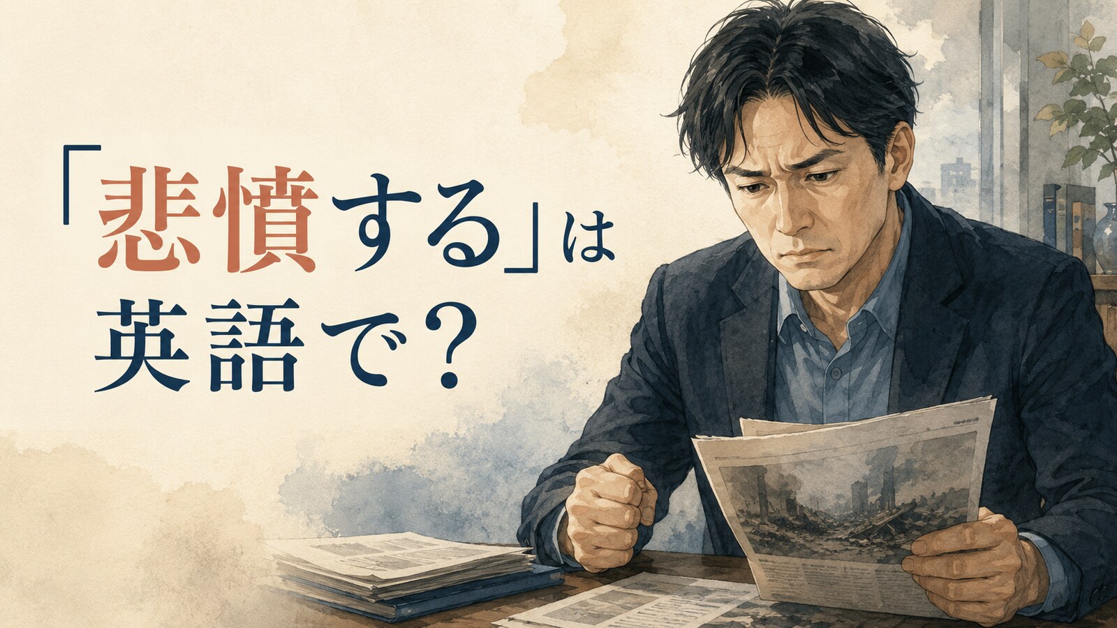 「悲憤する」は英語で?と書かれ、悲しみと憤りを感じる人物