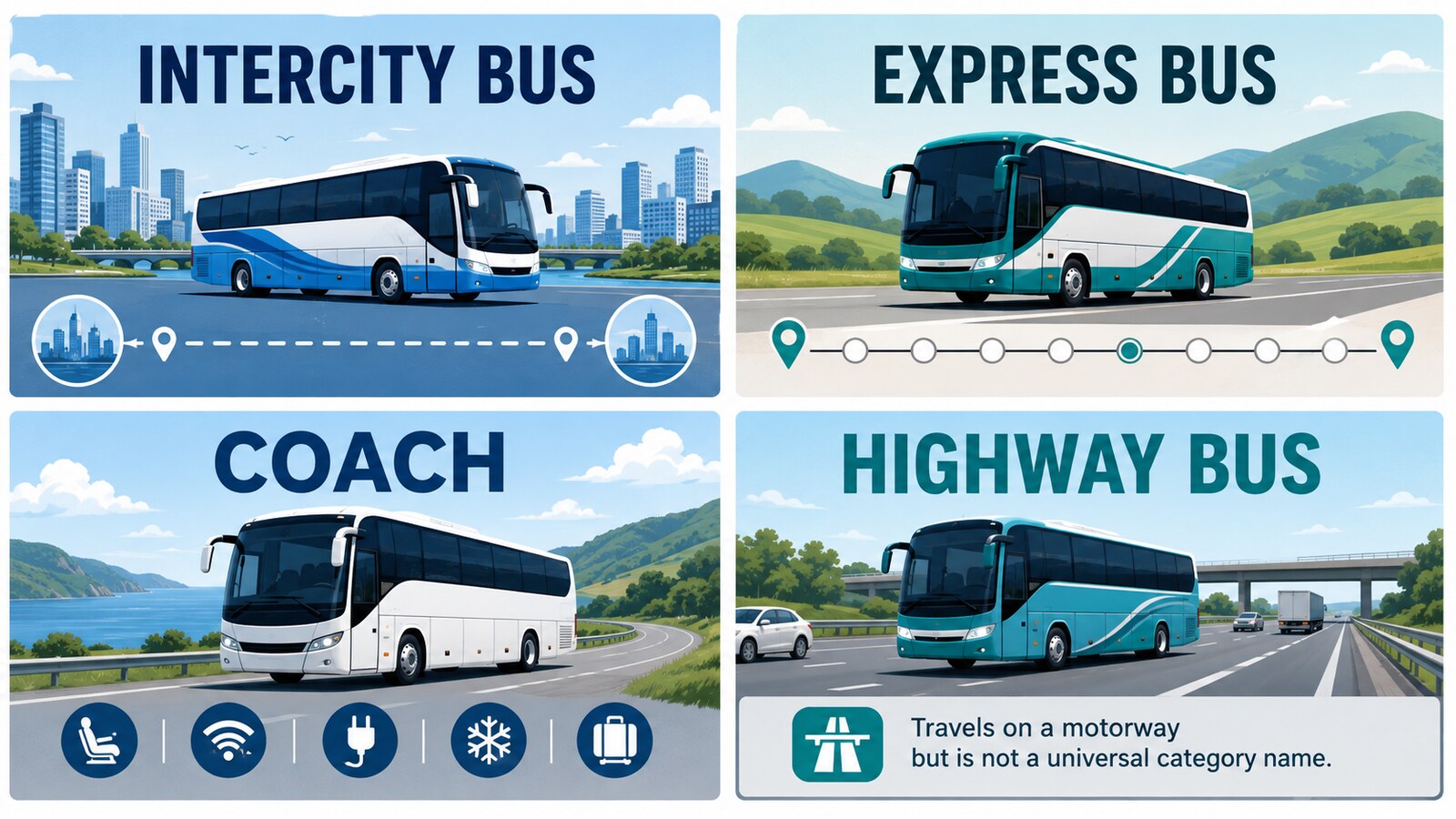 intercity bus・express bus・coach・highway busの違いを示す比較図