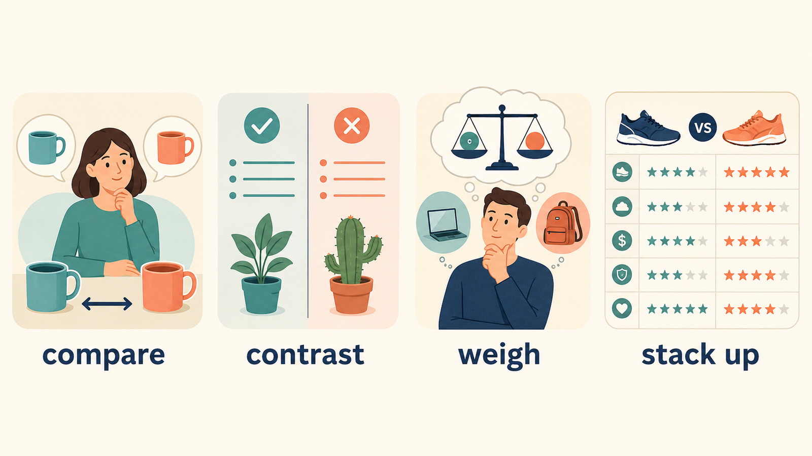 比較するを表すcompare・contrast・weigh・stack upの使い分け