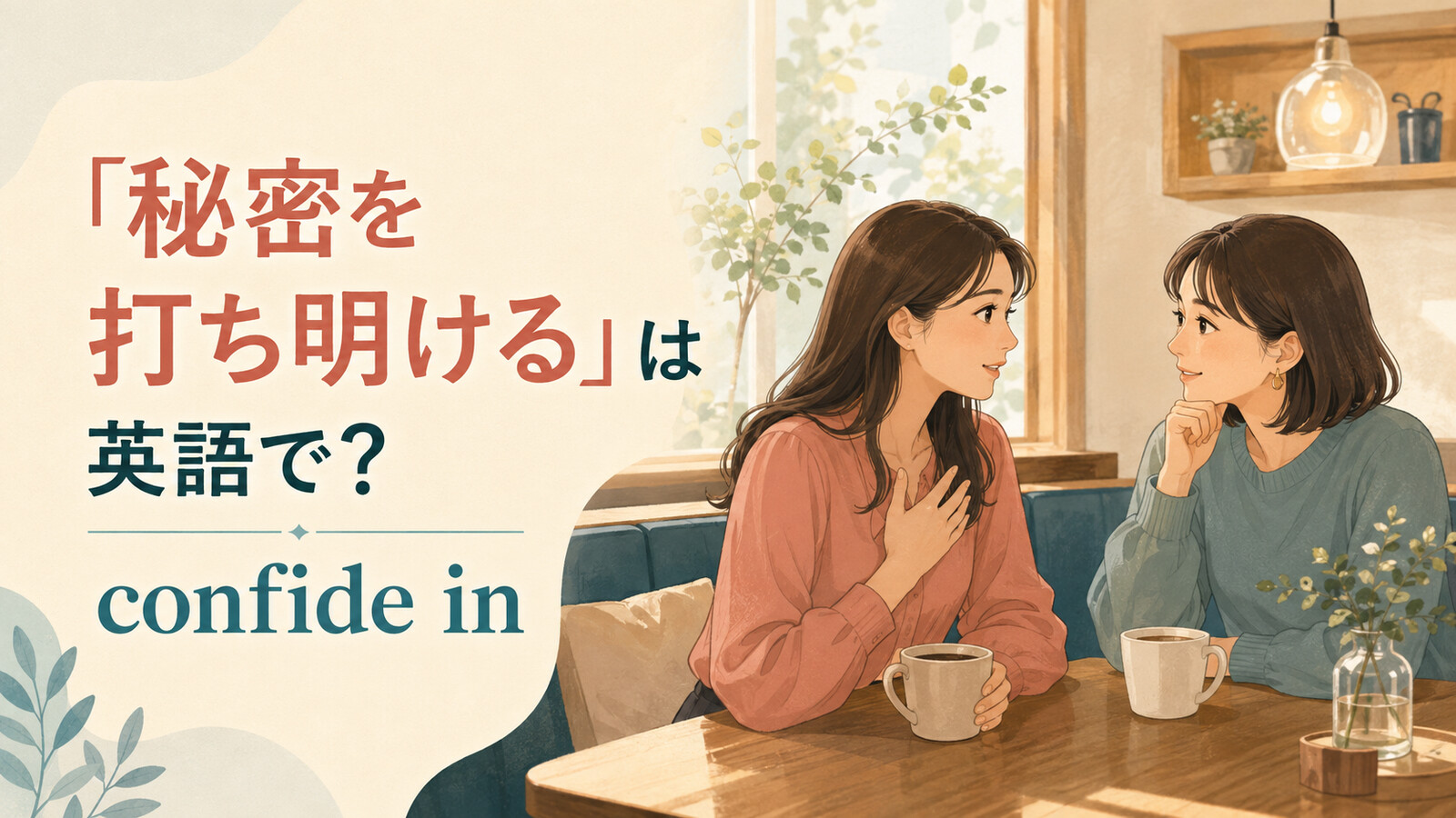 「秘密を打ち明ける」は英語で？confide inと、信頼する友人に話す女性のイラスト