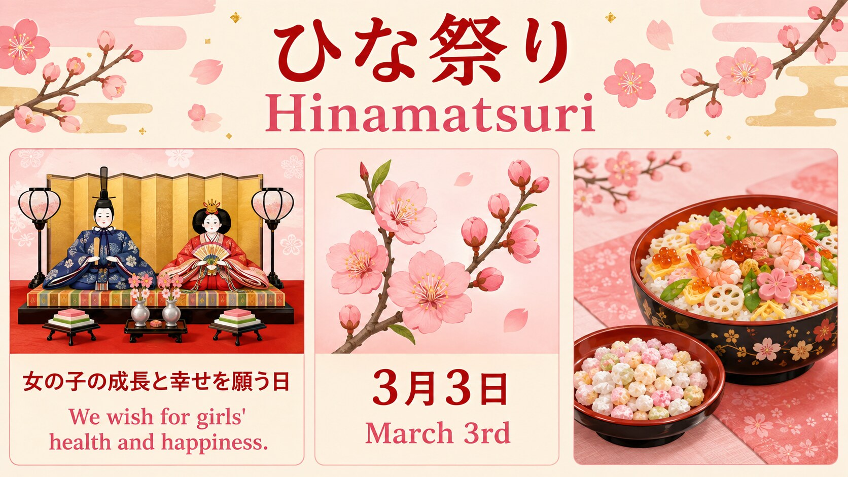 ひな祭りは3月3日に女の子の成長と幸せを願う行事