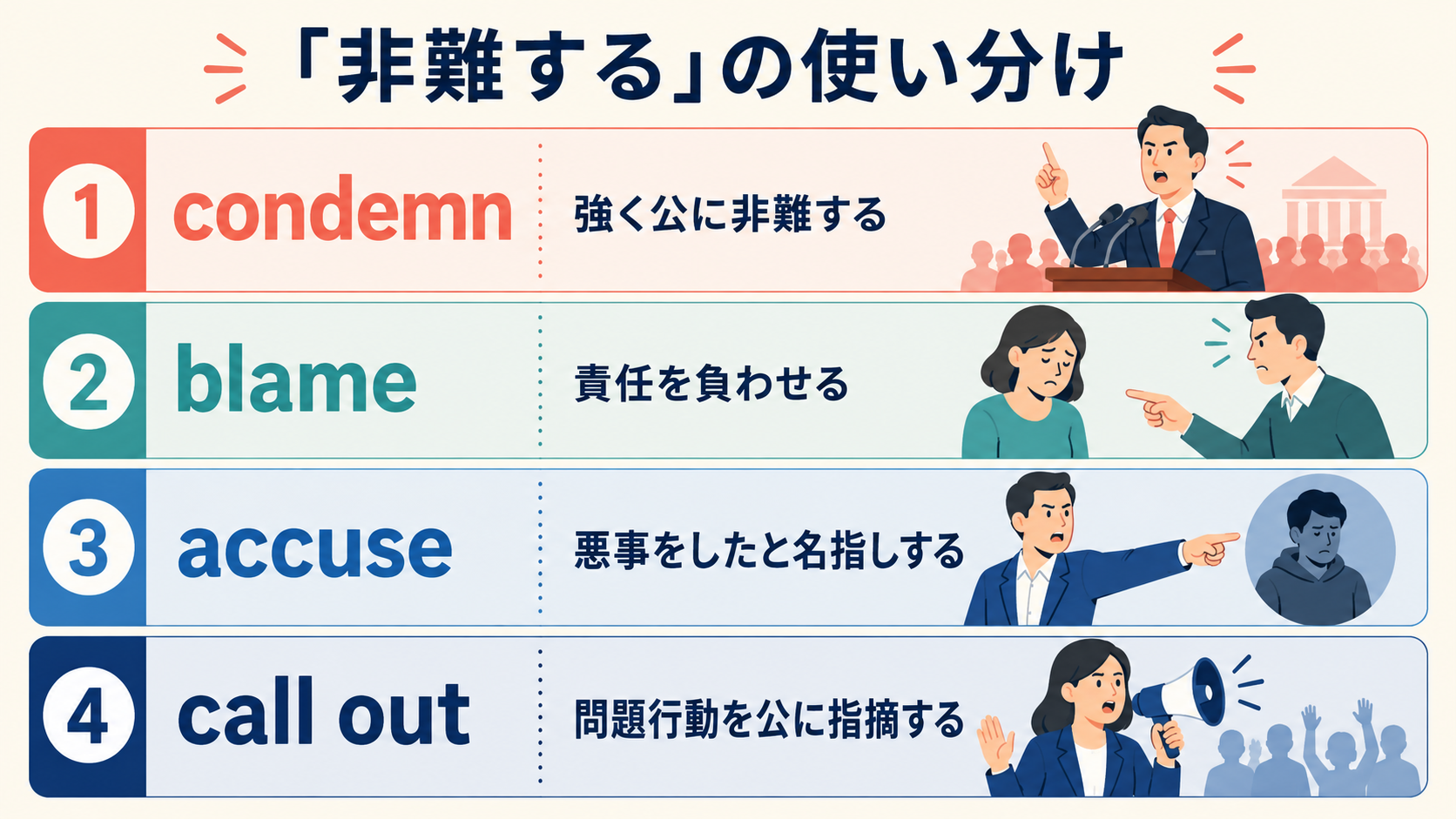 condemn、blame、accuse、call outの使い分け