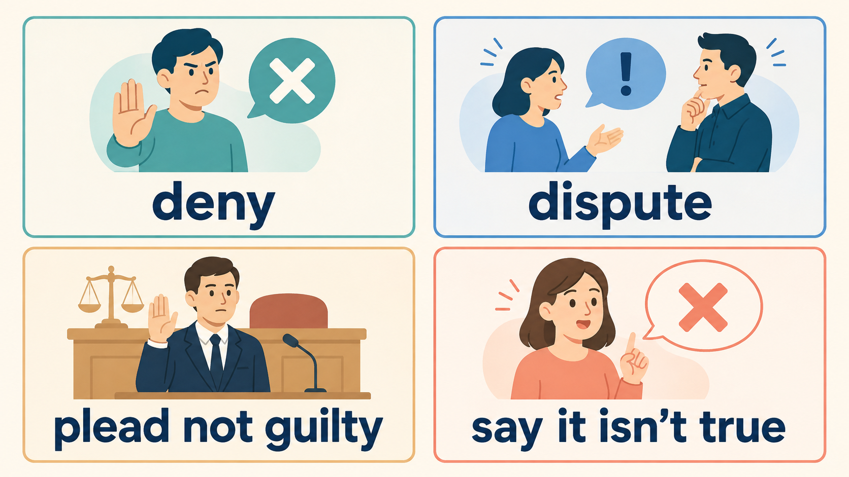 deny、dispute、plead not guilty、say it isn’t trueの違い