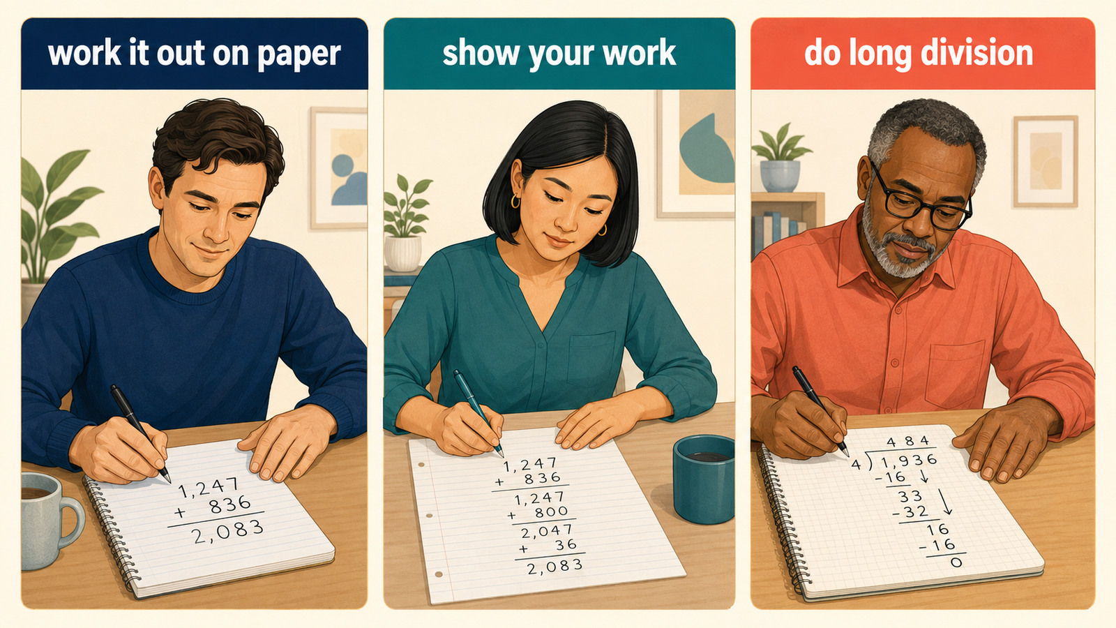 筆算するを表すwork it out on paper・show your work・do long divisionの違い