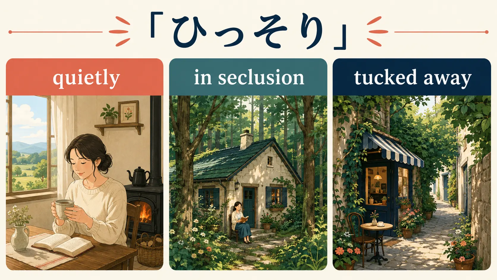 ひっそりをquietly、in seclusion、tucked awayに分けた比較図