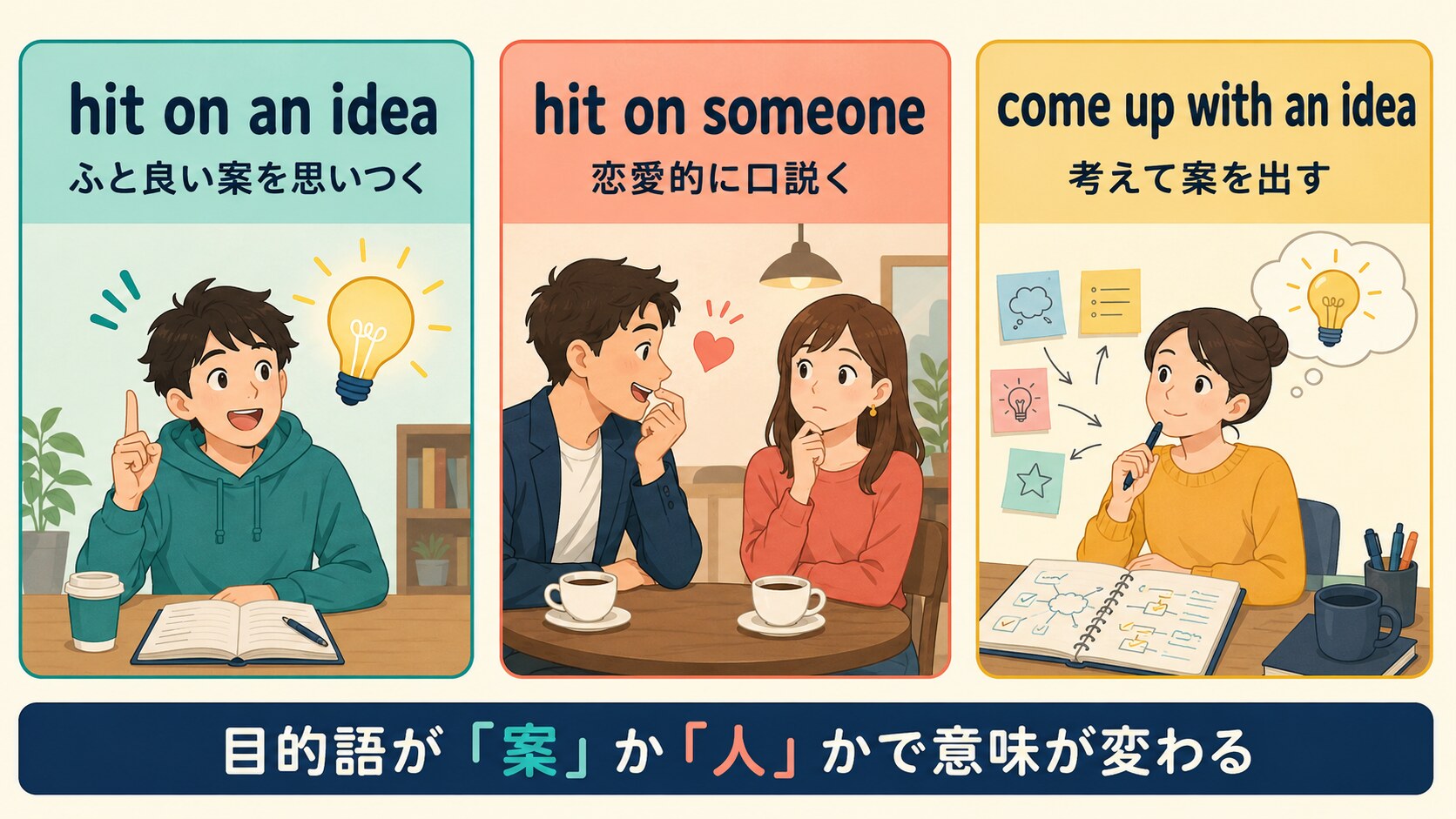 hit on an idea・hit on someone・come up with an ideaの違いを示す比較図