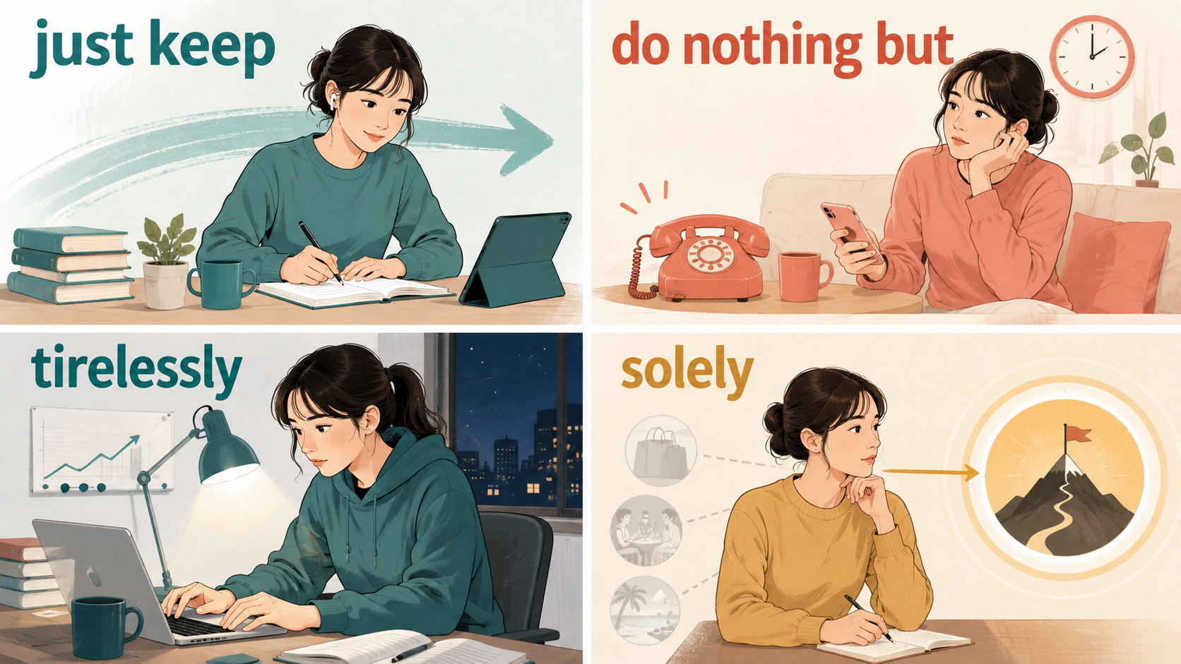 just keep、do nothing but、tirelessly、solelyの違い