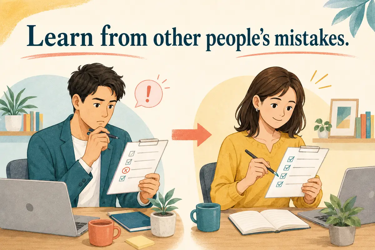 Learn from other people's mistakes. と書かれた、他人のミスから学んで確認する女性のイラスト