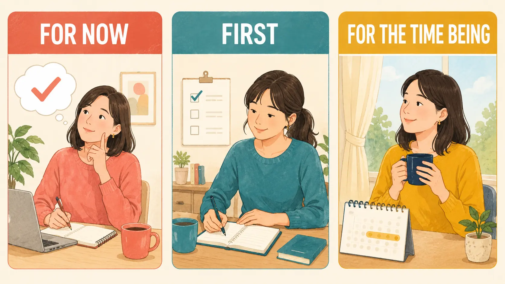 for now・first・for the time beingの使い分け比較イラスト